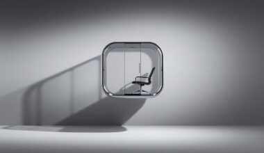 A photorealistic studio still life showing a sleek, transparent glass and metal pod floating on a plain background, representing WeWork