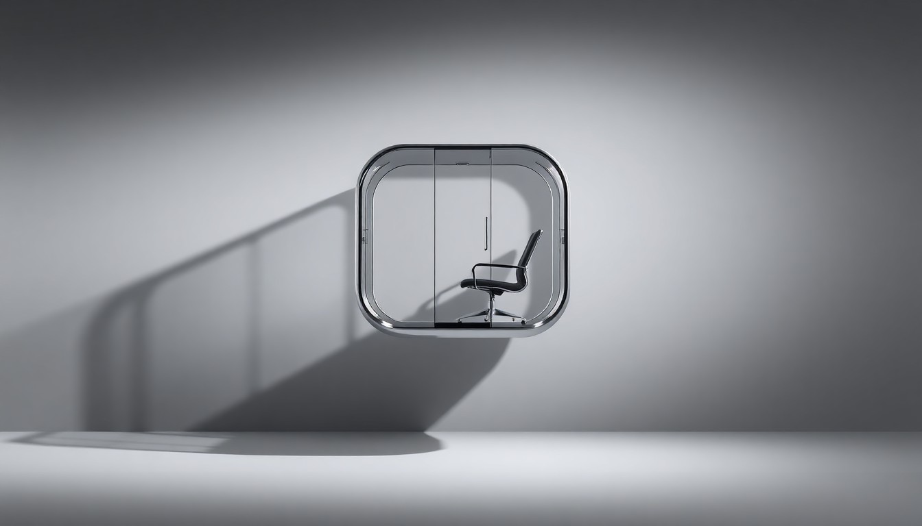A photorealistic studio still life showing a sleek, transparent glass and metal pod floating on a plain background, representing WeWork