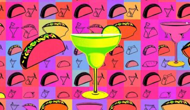 A high-contrast, silkscreen-style illustration of a Mexican food item such as a taco or margarita glass, repeated in a grid pattern with bold, neon colors and heavy black outlines, conceptually representing the lively new Pepe