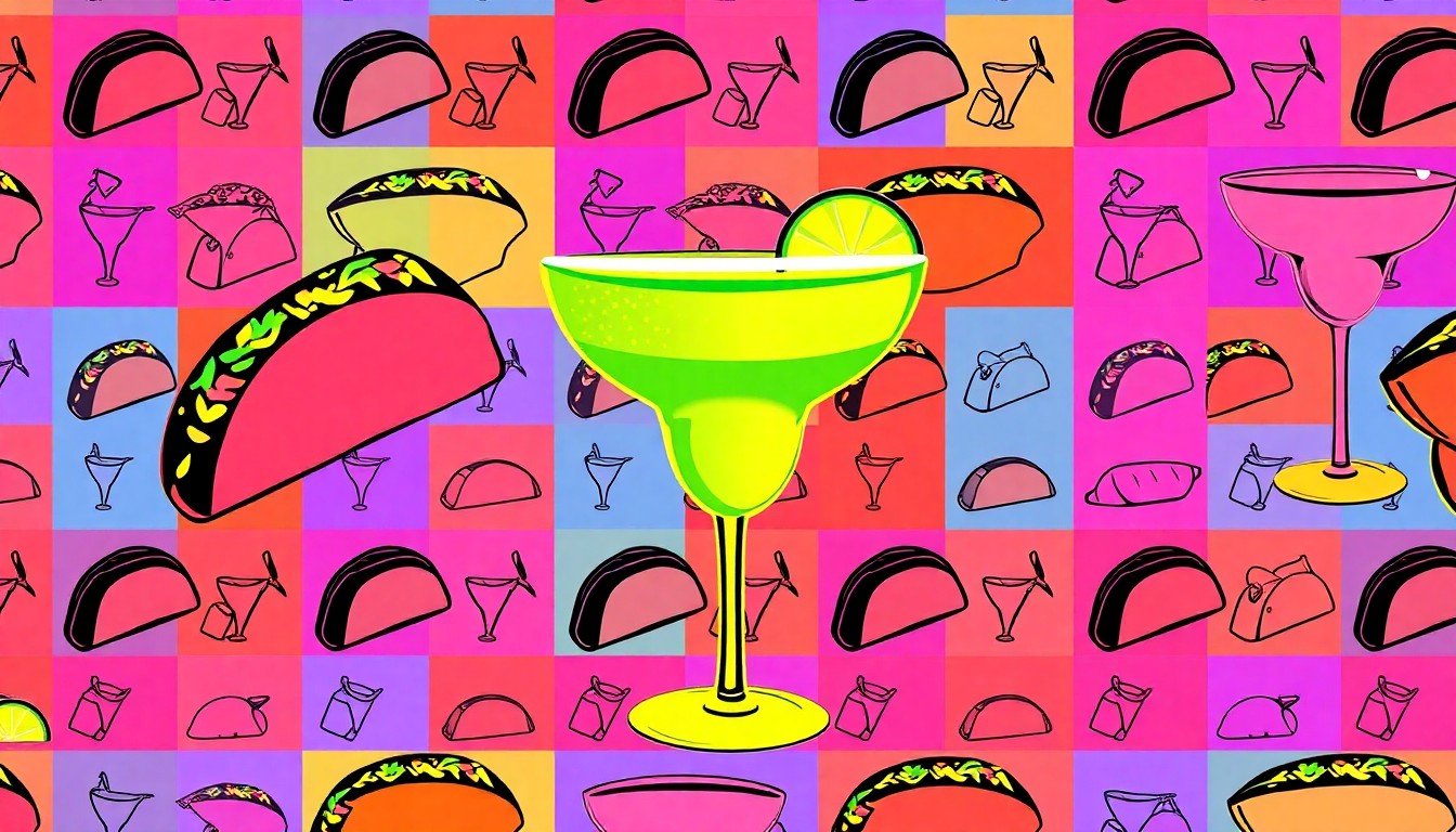 A high-contrast, silkscreen-style illustration of a Mexican food item such as a taco or margarita glass, repeated in a grid pattern with bold, neon colors and heavy black outlines, conceptually representing the lively new Pepe