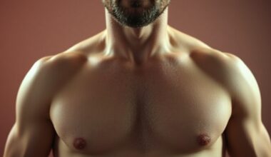 An extreme close-up photograph of a bare human torso, with the skin texture and lighting captured in a high-contrast, glamorous studio setting, conceptually representing the comedian Bert Kreischer