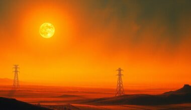 A sweeping, atmospheric landscape painting in muted earth tones, with a lone power line tower barely visible in the distance, dwarfed by the overwhelming scale of the natural environment.