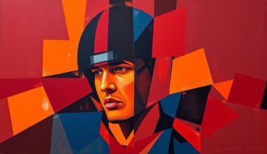 A fragmented, geometric painting depicting a college football player