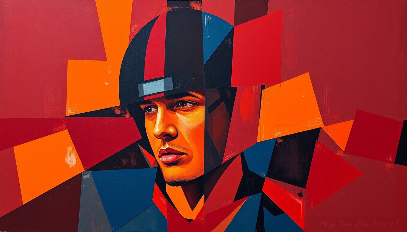 A fragmented, geometric painting depicting a college football player