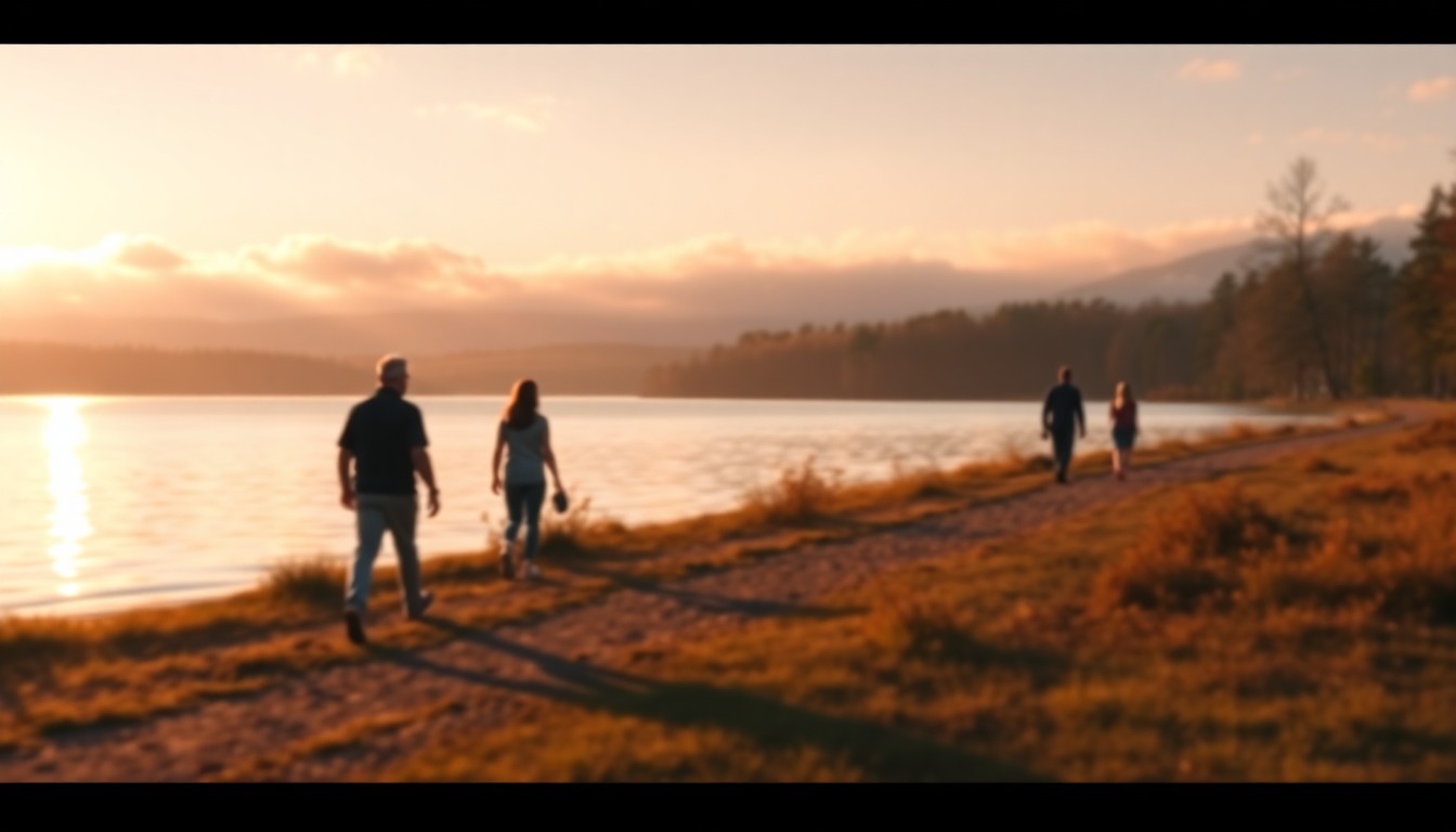 An abstract, impressionistic scene of people walking along a lakeside trail, with soft, blurred brushstrokes of warm colors and gentle light reflecting off the water
