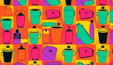 A brightly colored, high-contrast silkscreen print of a single, iconic lifestyle object like a coffee cup or makeup compact, repeated in a tight grid pattern to create a modern pop art representation of everyday consumer habits.