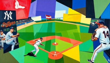 A cubist, geometric painting depicting various baseball players and actions, broken down into overlapping planes of color representing the official team colors of the AL East teams.