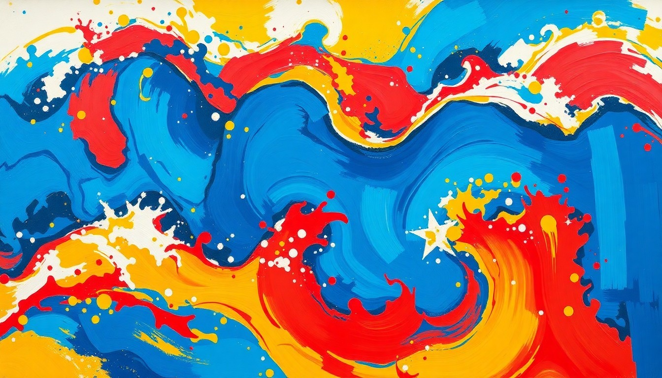 An abstract, fractured painting in bold colors representing the dynamic political activity and shifting voter sentiment in Florida.