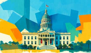 A dynamic, abstract painting featuring overlapping geometric shapes and waves of bright blue, green, and orange colors, conceptually representing the political tensions and fragmentation surrounding diversity laws in Tallahassee, Florida.