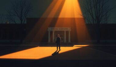 A serene, cinematic painting depicting a lone voter standing in front of a public building, the scene bathed in warm, directional light and deep shadows, conveying a sense of civic engagement and the importance of accessible voting.