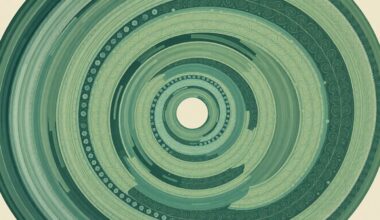 A highly textured, abstract painting in muted tones of green, blue, and gray, featuring sweeping geometric shapes and precise botanical spirals that evoke the complex interplay of natural and engineered components in a living reef coastal defense system.