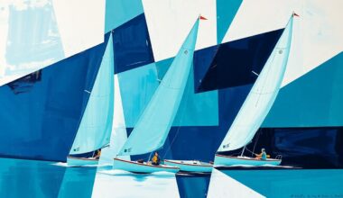 A fragmented, geometric painting in shades of teal, navy, and white, depicting the overlapping perspectives and dynamic action of a women