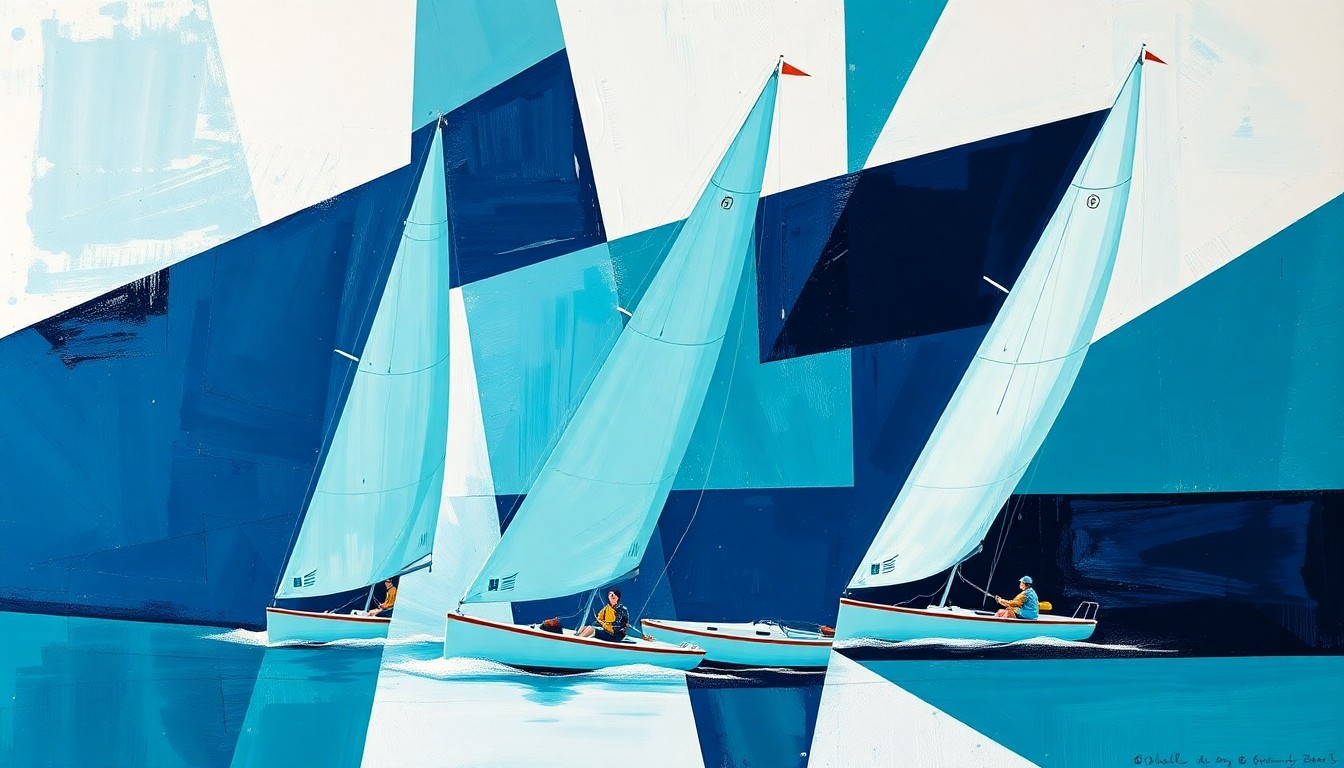 A fragmented, geometric painting in shades of teal, navy, and white, depicting the overlapping perspectives and dynamic action of a women