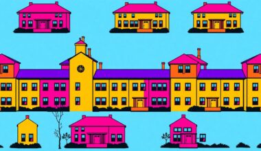 A high-contrast, silkscreen-style illustration featuring a repeated pattern of a stylized university building in bright, neon-like colors, conceptually representing the modernization of campus infrastructure.