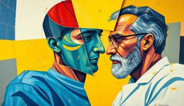 A fragmented, geometric painting depicting the various aspects of a sports pharmacist