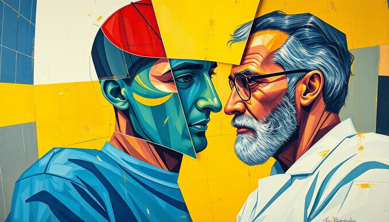 A fragmented, geometric painting depicting the various aspects of a sports pharmacist