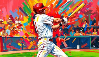 An abstract, expressionist painting in neon colors depicting the powerful batting motion of a baseball player, conveying the raw energy and athleticism of the sport.