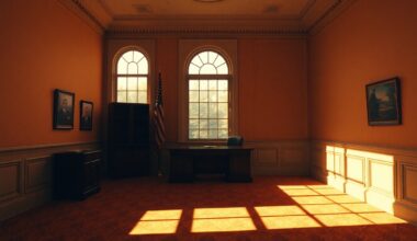 A dimly lit, cinematic government office space with an empty desk and chair, the room bathed in warm, diagonal sunlight and deep shadows, conceptually representing a changing of the political guard.