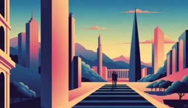 A conceptual illustration in the Art Deco Monumentalist style, featuring sweeping geometric forms and gradients evoking the grand scale and romance of travel across Asia.