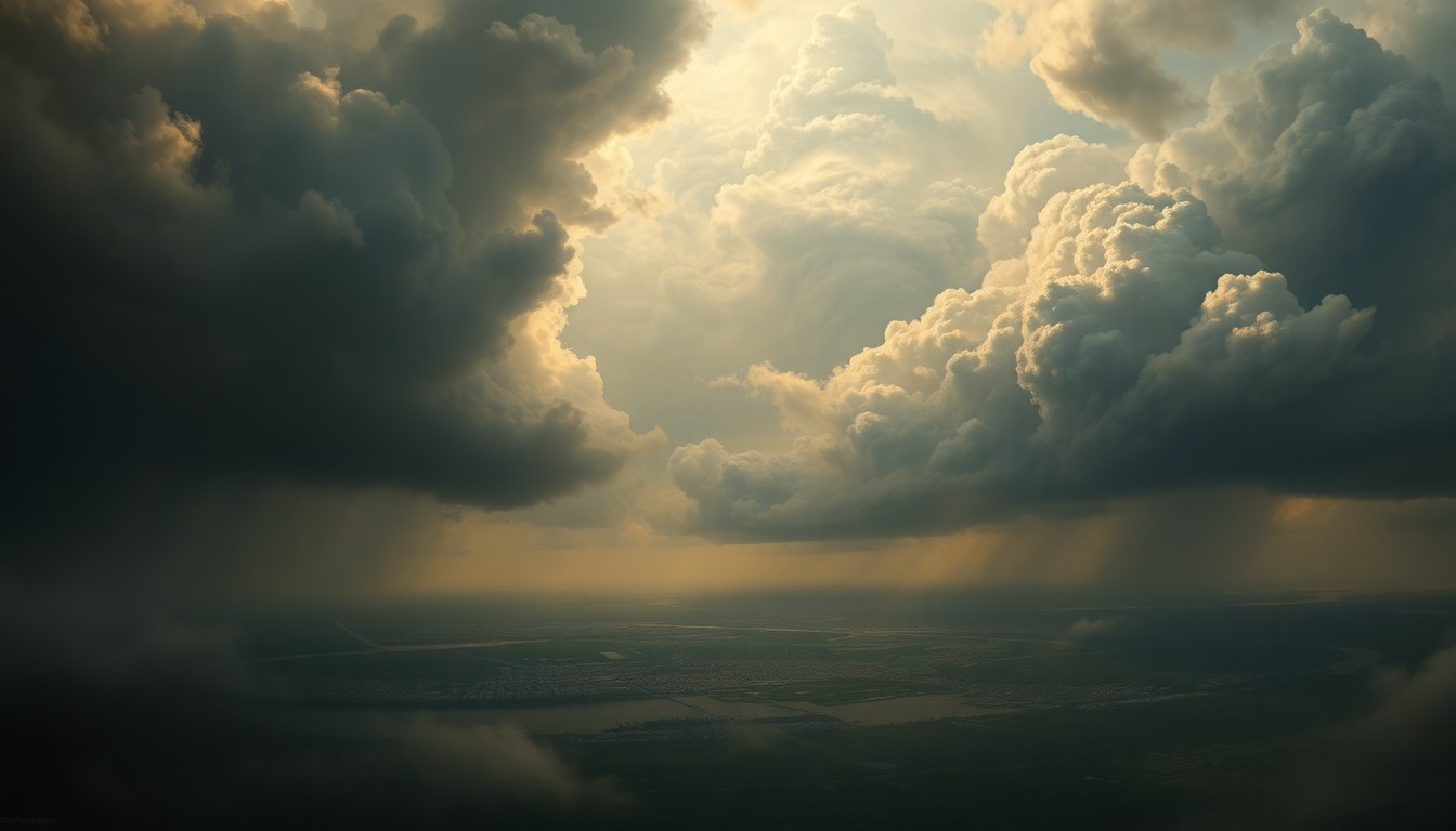 A dramatic landscape painting in the style of Caspar David Friedrich, depicting an approaching hurricane over the city of Tampa. The city is dwarfed by the overwhelming scale of the swirling clouds and turbulent weather, conveying the power of nature and the importance of Johnson