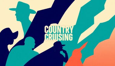 An abstract, minimalist illustration featuring overlapping, jagged silhouettes in shades of navy, teal, and coral, conveying the diverse lineup of country music artists performing on the Country Cruising 2027 cruise.