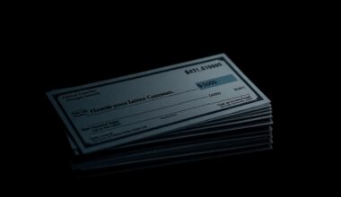 An extreme close-up of a stack of stolen personal checks, the edges and surfaces of the paper highlighted by harsh, direct lighting against a dark background, conveying a sense of the serious, investigative nature of this crime.