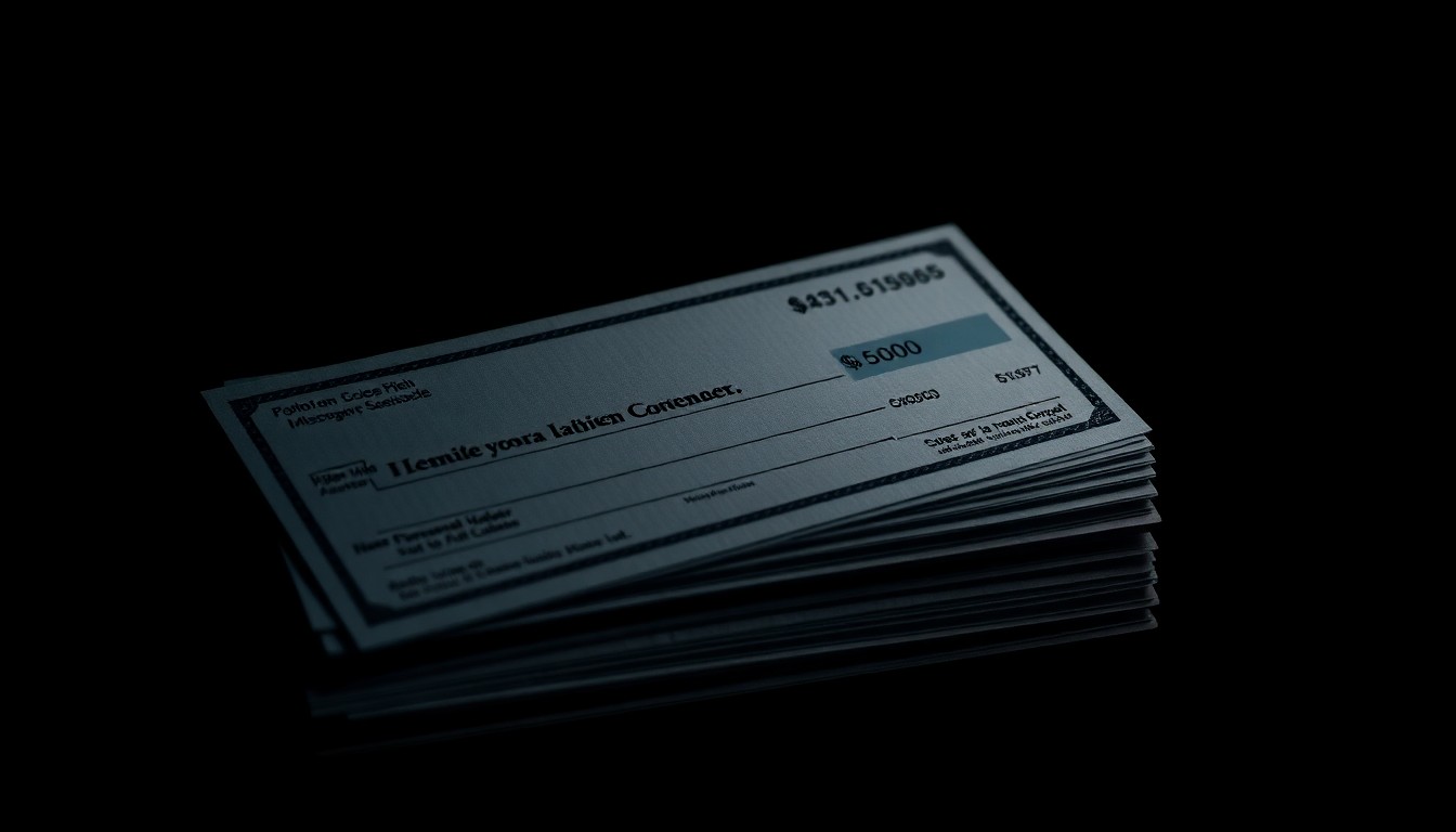 An extreme close-up of a stack of stolen personal checks, the edges and surfaces of the paper highlighted by harsh, direct lighting against a dark background, conveying a sense of the serious, investigative nature of this crime.