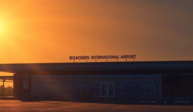 A serene, photorealistic painting of an airport terminal building in warm, golden light, with the new