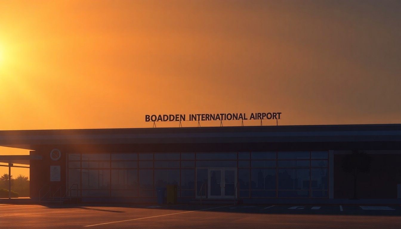 A serene, photorealistic painting of an airport terminal building in warm, golden light, with the new