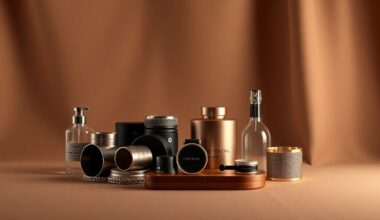 A high-end, photorealistic studio still-life photograph featuring a collection of premium, polished objects arranged elegantly on a clean, monochromatic seamless background, symbolizing the business impact of the Country Thunder Florida Festival