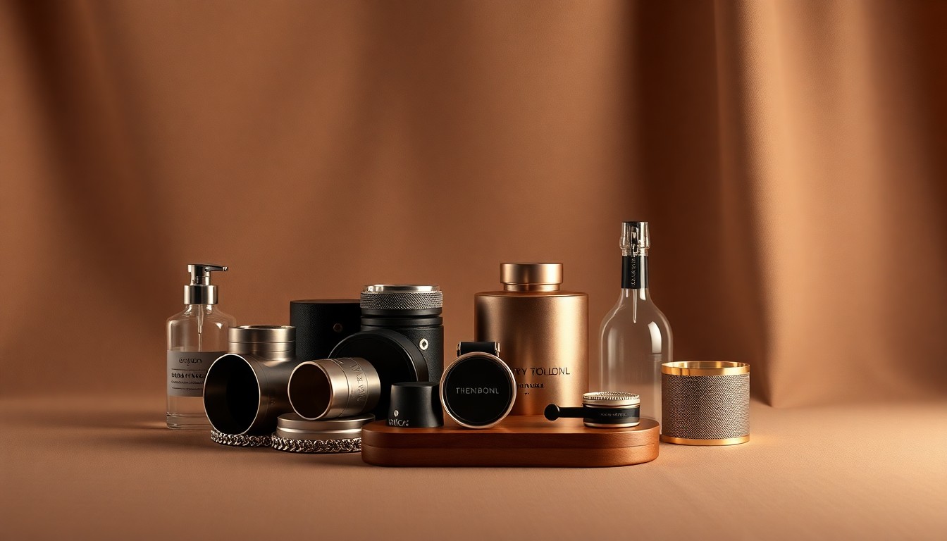 A high-end, photorealistic studio still-life photograph featuring a collection of premium, polished objects arranged elegantly on a clean, monochromatic seamless background, symbolizing the business impact of the Country Thunder Florida Festival