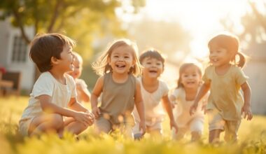 An out-of-focus, dreamlike photograph showing the blurred silhouettes of several children playing together in a sunlit outdoor setting, conveying a sense of warmth, safety, and optimism.