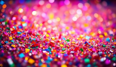 An abstract close-up photograph featuring a dazzling array of shimmering sequins and sparkling confetti in a burst of vivid colors, evoking the energy and excitement of a lively outdoor music festival.