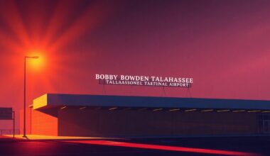 A realistic oil painting depicting the exterior of an airport terminal building in warm, golden light, with the new signage