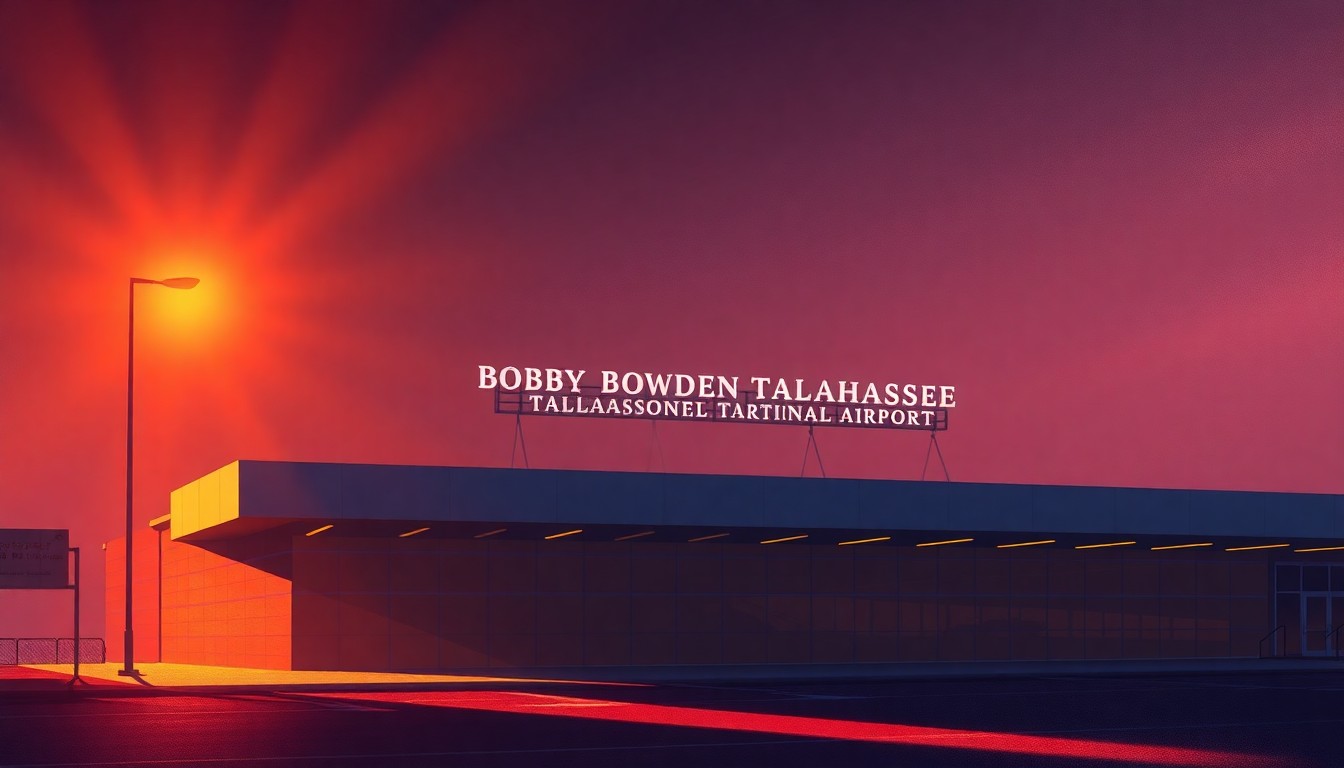 A realistic oil painting depicting the exterior of an airport terminal building in warm, golden light, with the new signage