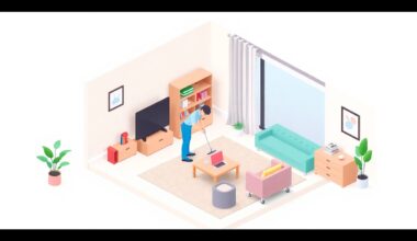 A miniature, stylized 3D illustration of a modern Airbnb-style rental property, with a cleaning service worker tidying up the space using careful attention to detail and professional equipment.