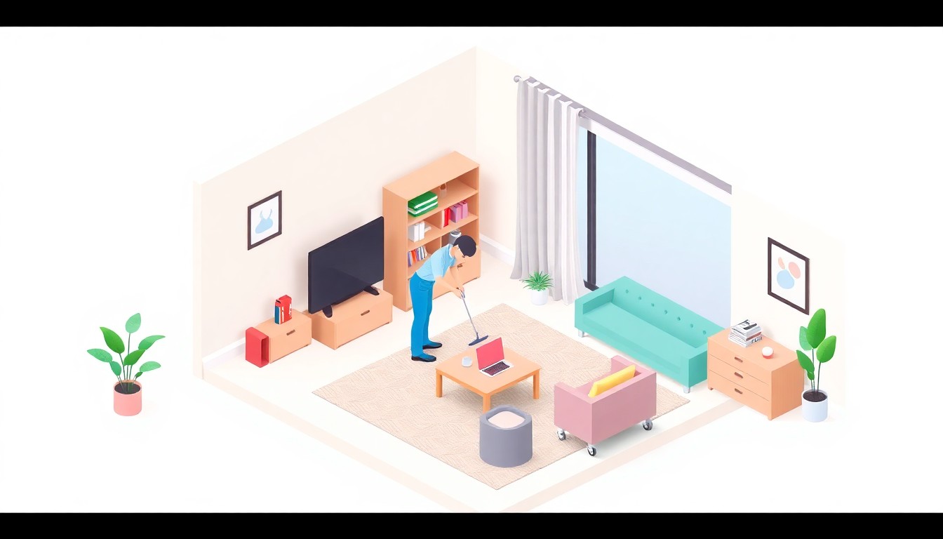 A miniature, stylized 3D illustration of a modern Airbnb-style rental property, with a cleaning service worker tidying up the space using careful attention to detail and professional equipment.