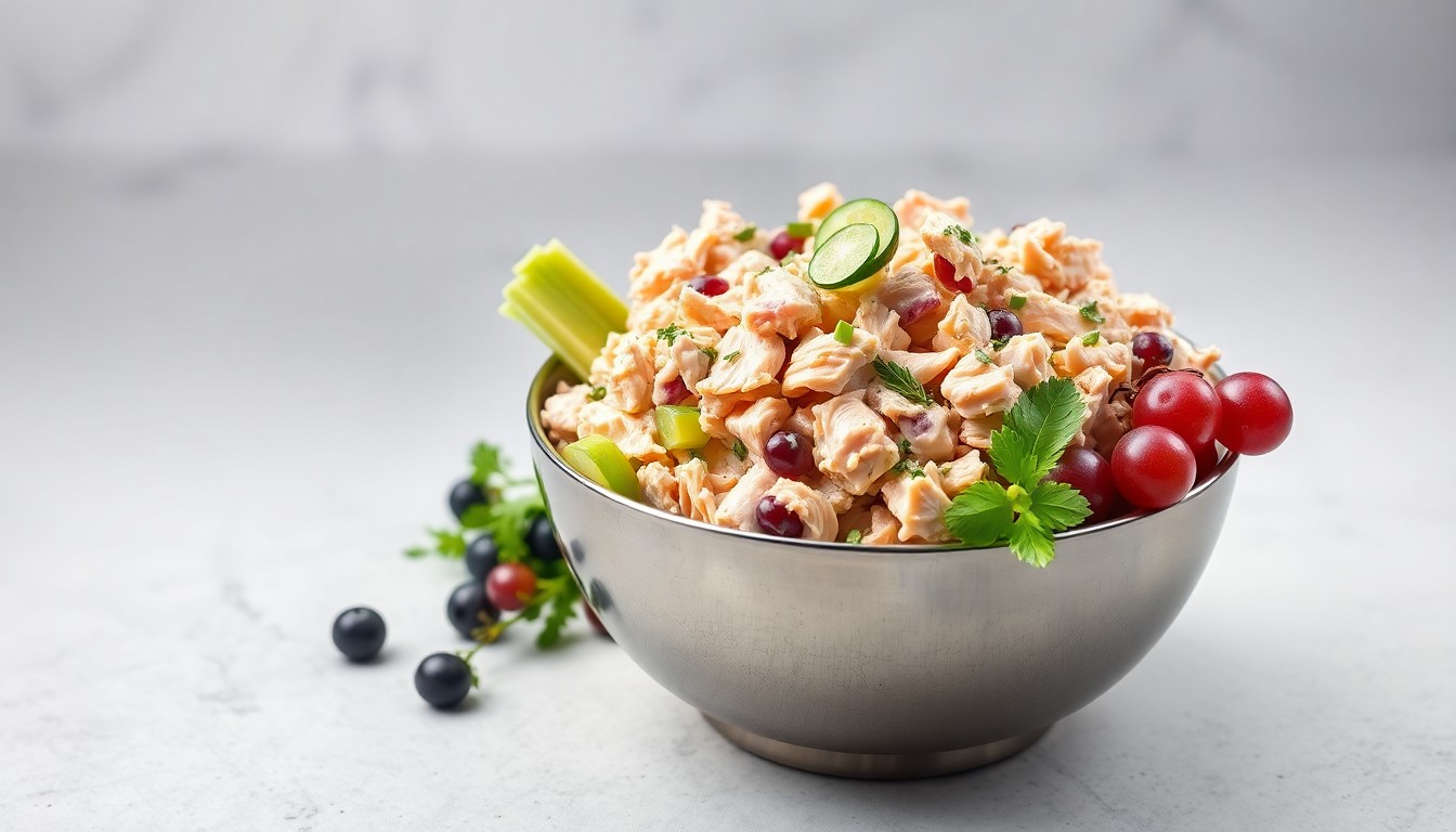 A high-end, photorealistic studio still-life photograph featuring a polished stainless steel bowl filled with various chicken salad ingredients like shredded chicken, celery, grapes, and herbs, arranged elegantly on a clean, monochromatic background, conceptually representing the premium quality and craftsmanship of Chicken Salad Chick
