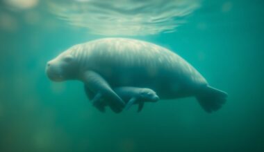 An extremely abstract, out-of-focus photograph in warm, muted tones depicting the blurred silhouettes of a manatee mother swimming alongside her two calves, creating a serene and atmospheric visual metaphor for the rare wildlife encounter.
