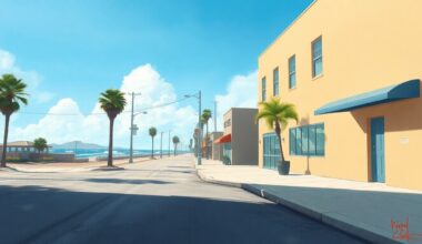 A serene, sun-dappled street corner in a small coastal town, with a sense of anticipation for future development and revitalization.