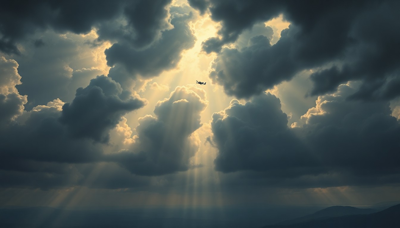 A sweeping, atmospheric landscape painting in muted tones of grey, blue, and gold, with dramatic beams of light piercing through a turbulent, stormy sky. A small silhouetted plane is visible in the distance, dwarfed by the overwhelming scale of the natural forces on display.
