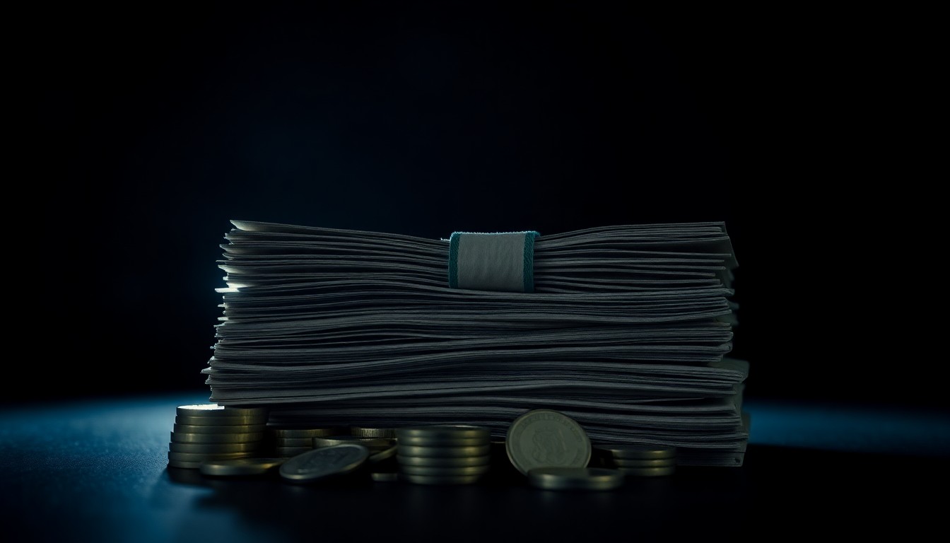 An extreme close-up photograph of a stack of cash and coins, lit by a harsh, direct camera flash against a pitch-black background, creating a stark, gritty, investigative aesthetic that conceptually represents the physical evidence of a major theft.