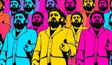 A vibrant, high-contrast silkscreen print featuring the iconic Big John statue repeated in a grid pattern, with bold neon colors and heavy black outlines, capturing the statue
