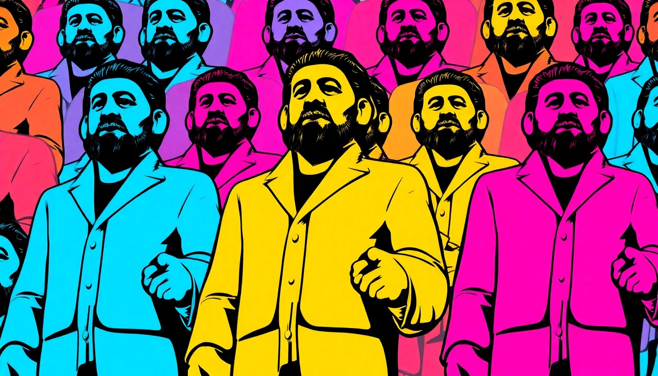 A vibrant, high-contrast silkscreen print featuring the iconic Big John statue repeated in a grid pattern, with bold neon colors and heavy black outlines, capturing the statue