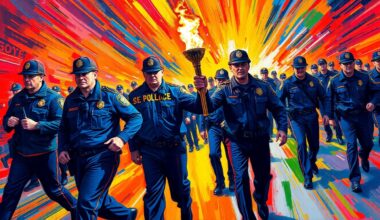 An abstract, energetic painting with bold, sweeping brushstrokes in neon shades of blue, green, and orange, capturing the dynamic movement and camaraderie of a torch relay event.