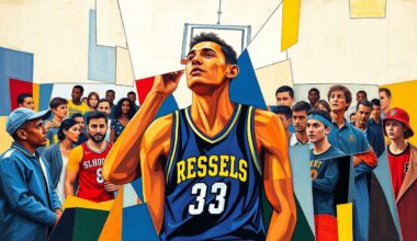 A cubist, geometric painting depicting a high school basketball player