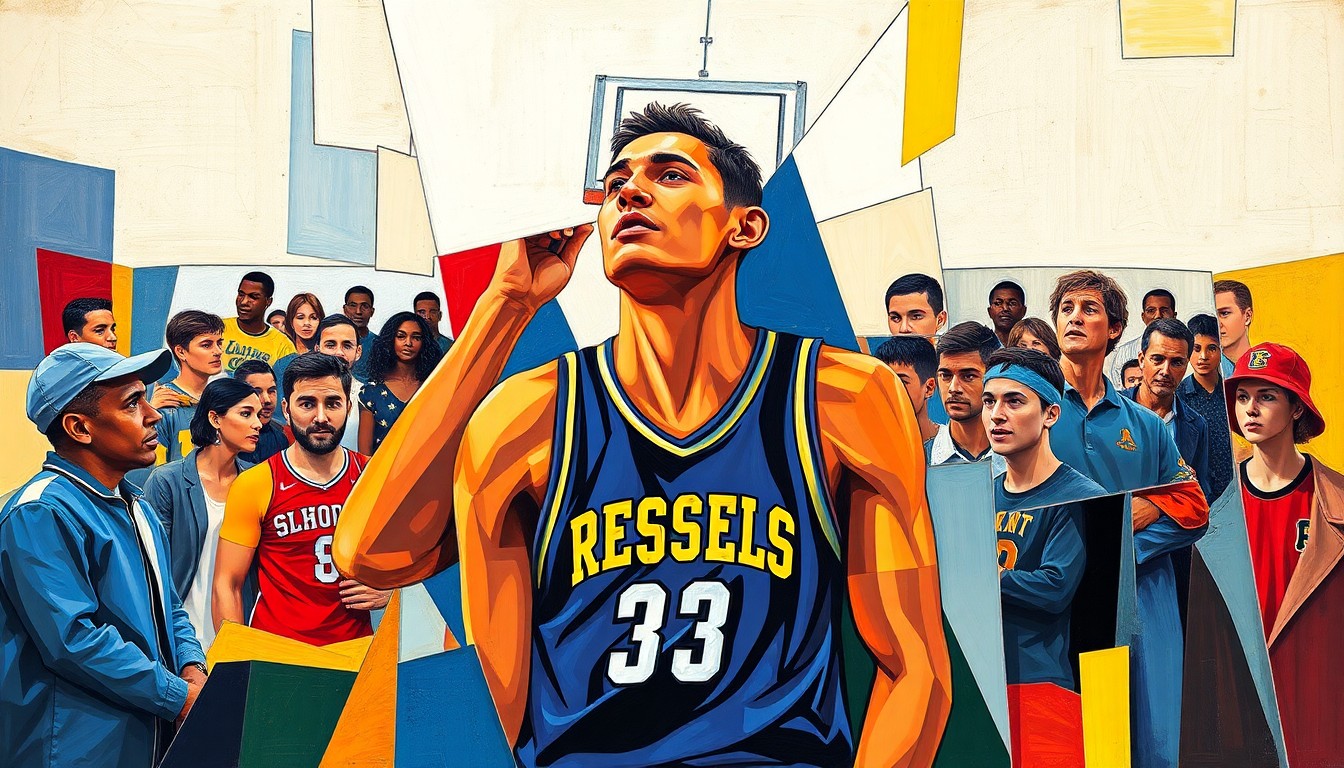 A cubist, geometric painting depicting a high school basketball player
