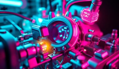 A highly detailed, glowing 3D macro illustration of a complex medical device or diagnostic system, featuring recognizable physical components illuminated by neon cyan and magenta lights, conceptually representing the next generation of medical technology developed through the USF-Jabil partnership.