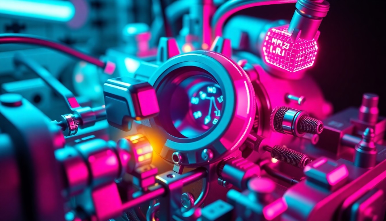 A highly detailed, glowing 3D macro illustration of a complex medical device or diagnostic system, featuring recognizable physical components illuminated by neon cyan and magenta lights, conceptually representing the next generation of medical technology developed through the USF-Jabil partnership.