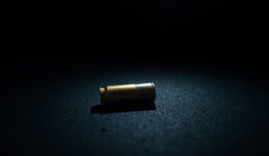 An extreme close-up of a single spent bullet casing on a dark, textured surface, lit by a harsh, direct camera flash, conceptually representing the investigative nature of this crime story.